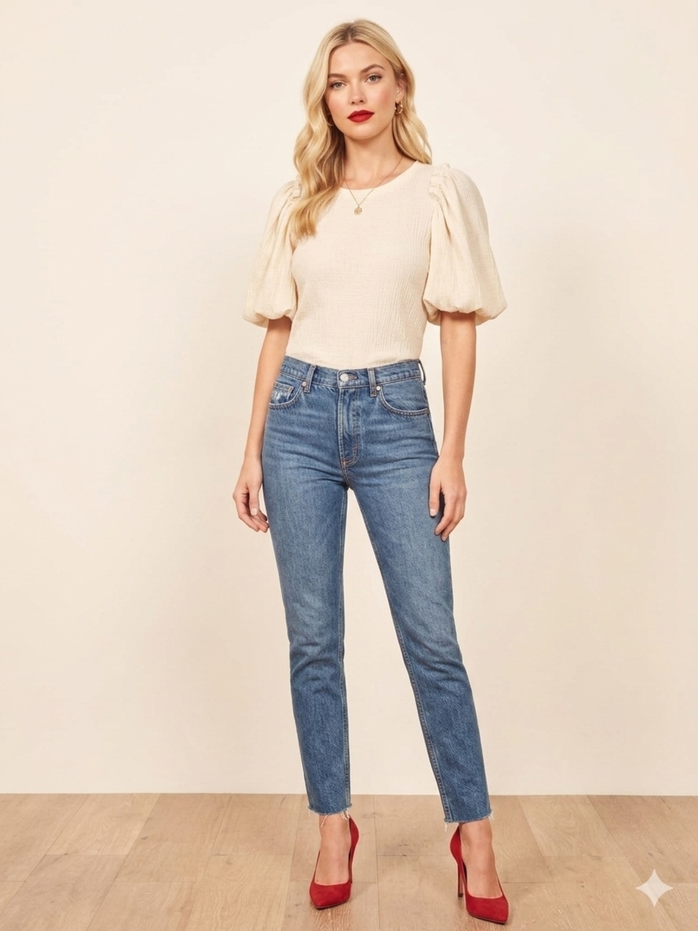 ASTR the Label | Cream Textured Puff Sleeve Top - XS